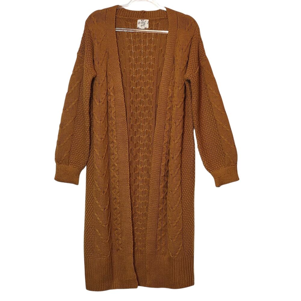 Hippie Rose Aran Cable Knit Maxi Duster Cardigan Burnt Orange Sweater S